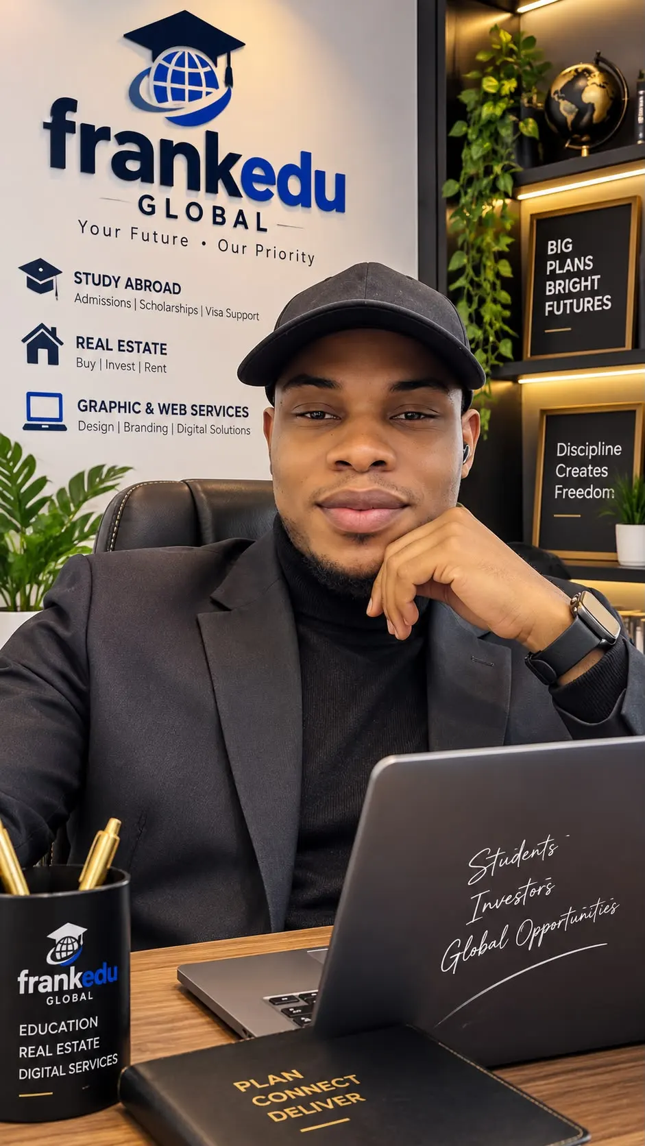 Frankedu Global representative with international education and career planning materials